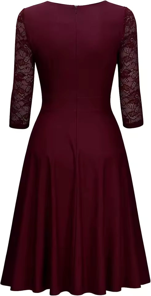 Womens Floral Lace Vintage Elegant Cocktail Party Square Neck A-Line Retro Solid Color Fit And Flare Skater Swing Dress