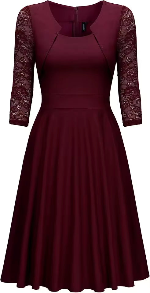 Womens Floral Lace Vintage Elegant Cocktail Party Square Neck A-Line Retro Solid Color Fit And Flare Skater Swing Dress