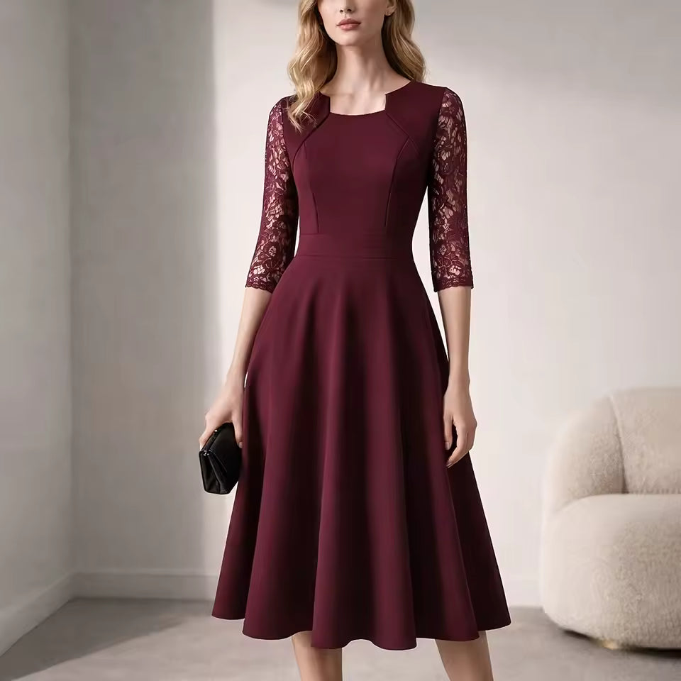 Womens Floral Lace Vintage Elegant Cocktail Party Square Neck A-Line Retro Solid Color Fit And Flare Skater Swing Dress