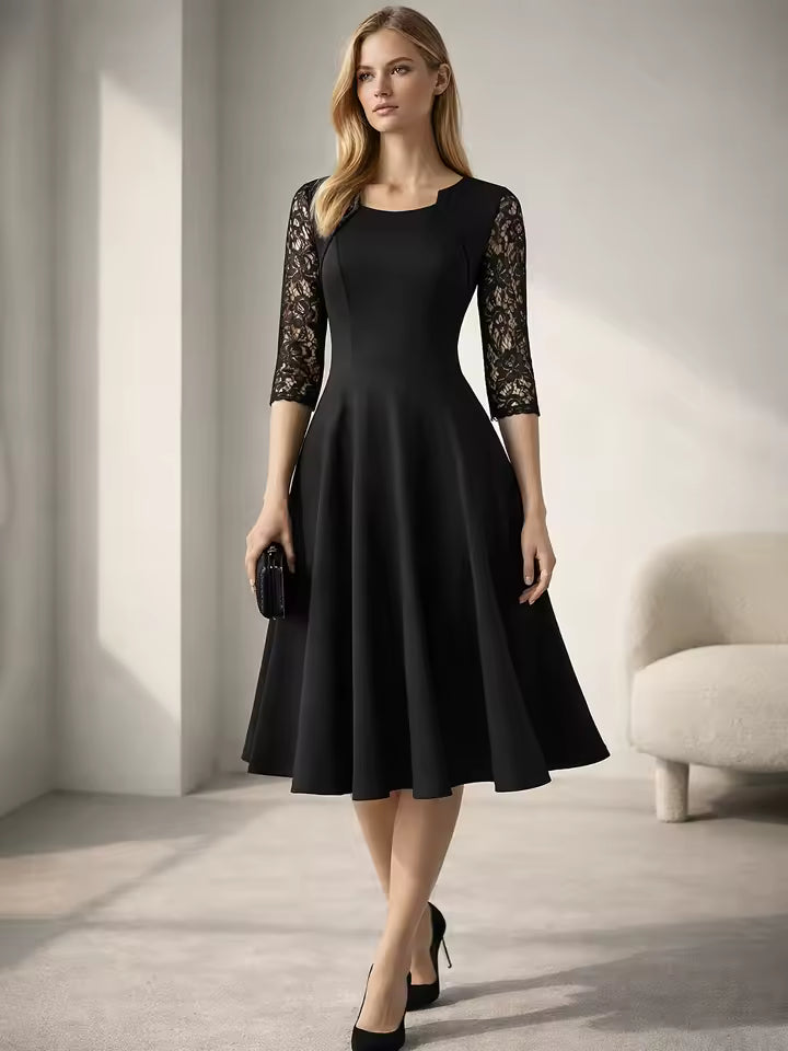 Womens Floral Lace Vintage Elegant Cocktail Party Square Neck A-Line Retro Solid Color Fit And Flare Skater Swing Dress