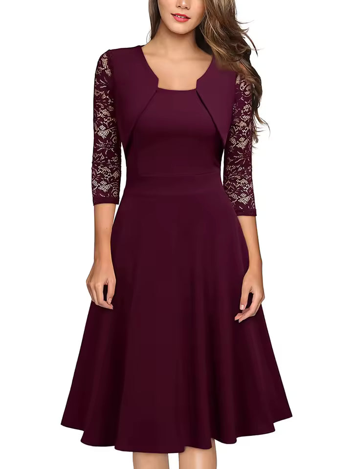 Womens Floral Lace Vintage Elegant Cocktail Party Square Neck A-Line Retro Solid Color Fit And Flare Skater Swing Dress