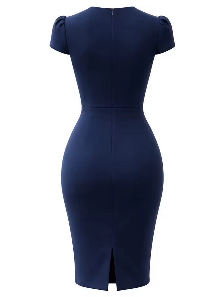 Women Elegant Cap Sleeve V-Neck Sexy Slim Knee Length Cocktail Party Vestidos Sheath Bodycon Pencil Dress